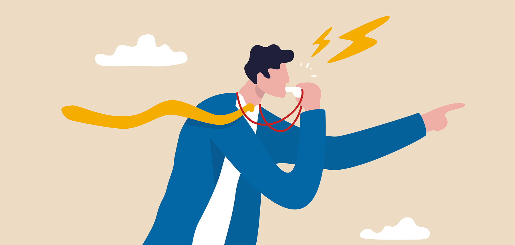 Business whistleblower the misconduct inside person to illegally disclose information to public concept, businessman blowing the whistle out load while pointing signal to tell other people.